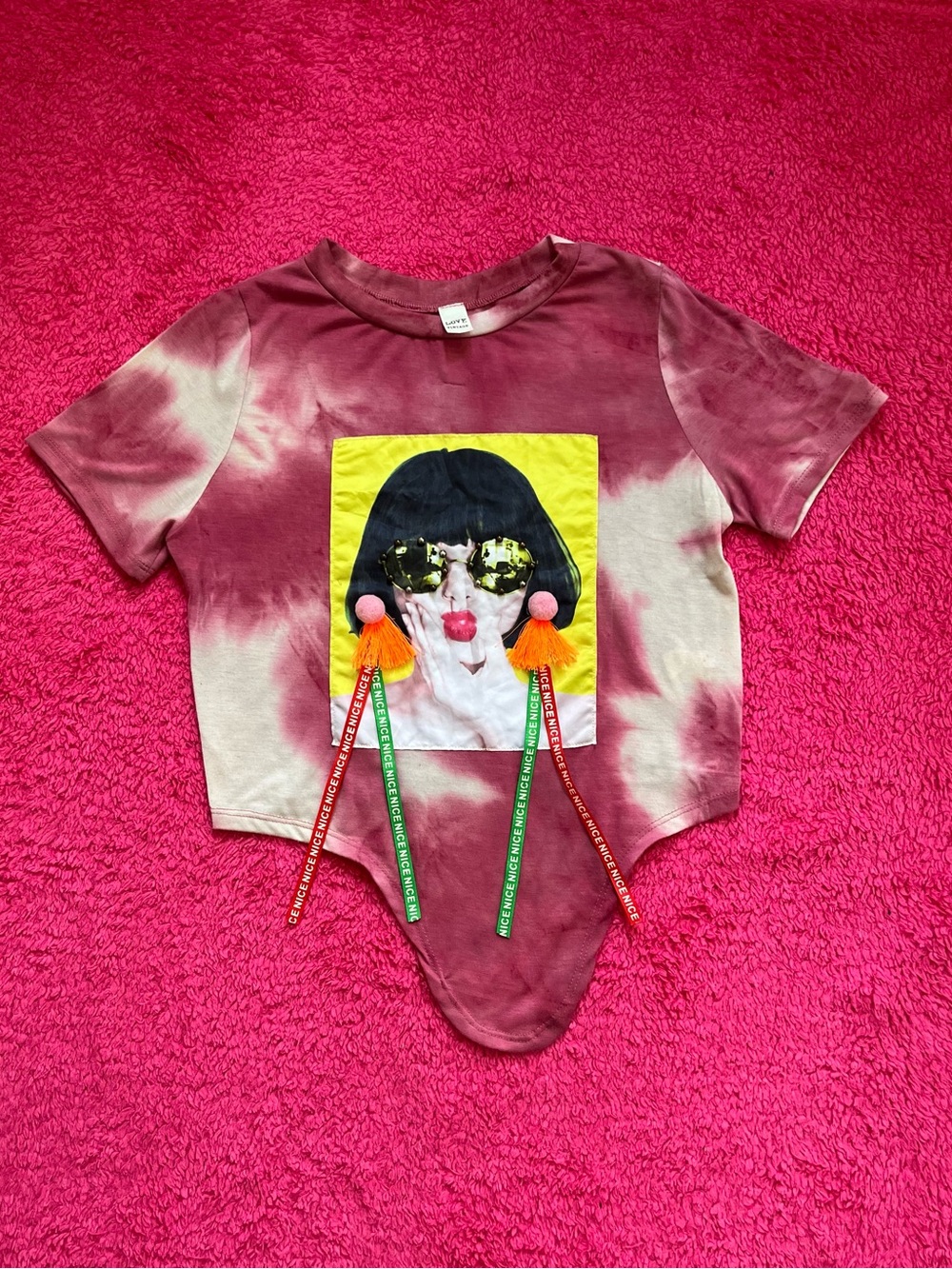Tie-Dye Graphic Top with Pom-Pom Tassels